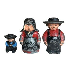 Vintage Cast Iron Amish Man Woman Child Salt and Pepper Shaker 3 Pc (1a)